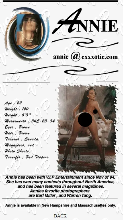 Annie, one of VIP Entertainment's original dancers — photographed for our first website in 1996